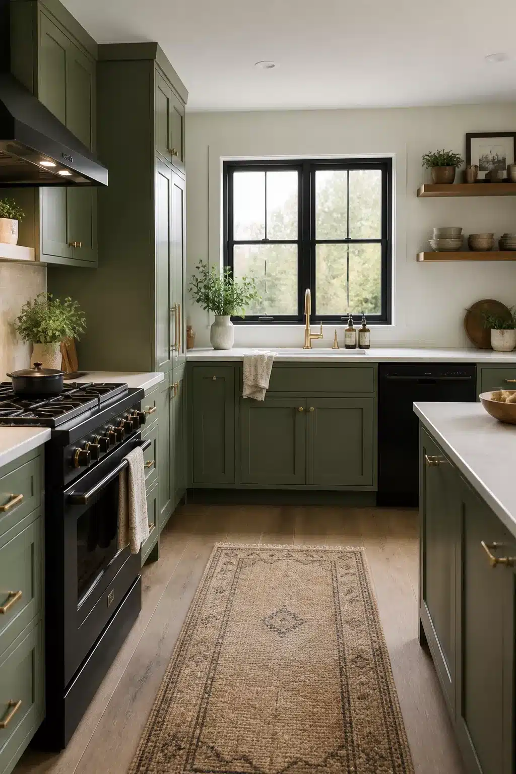 Eucalyptus green kitchen with black appliances, brass hardware, white quartz countertops and a black window frame