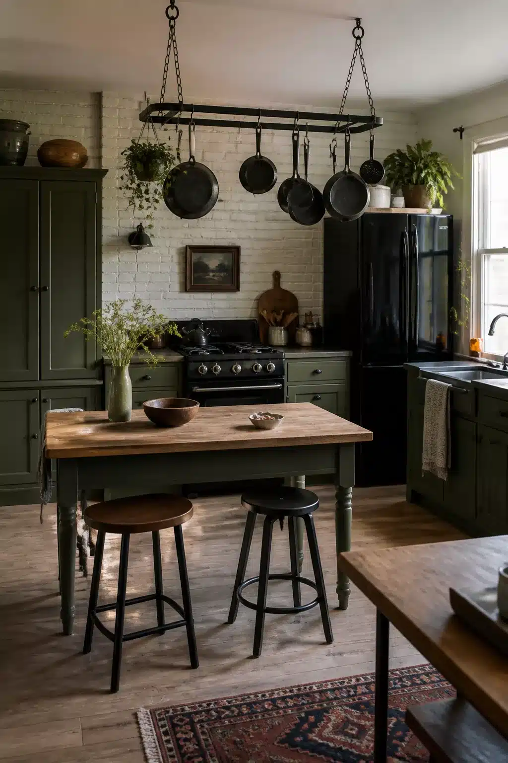 Moss green kitchen with black appliances, cast iron pot rack, butcher block island, and white painted brick wall