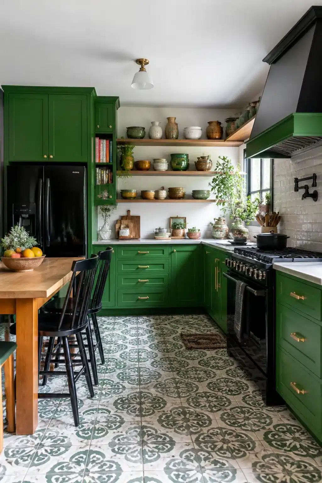 Kelly green kitchen with black appliances, brass hardware, patterned encaustic floor tiles, and open wood shelving