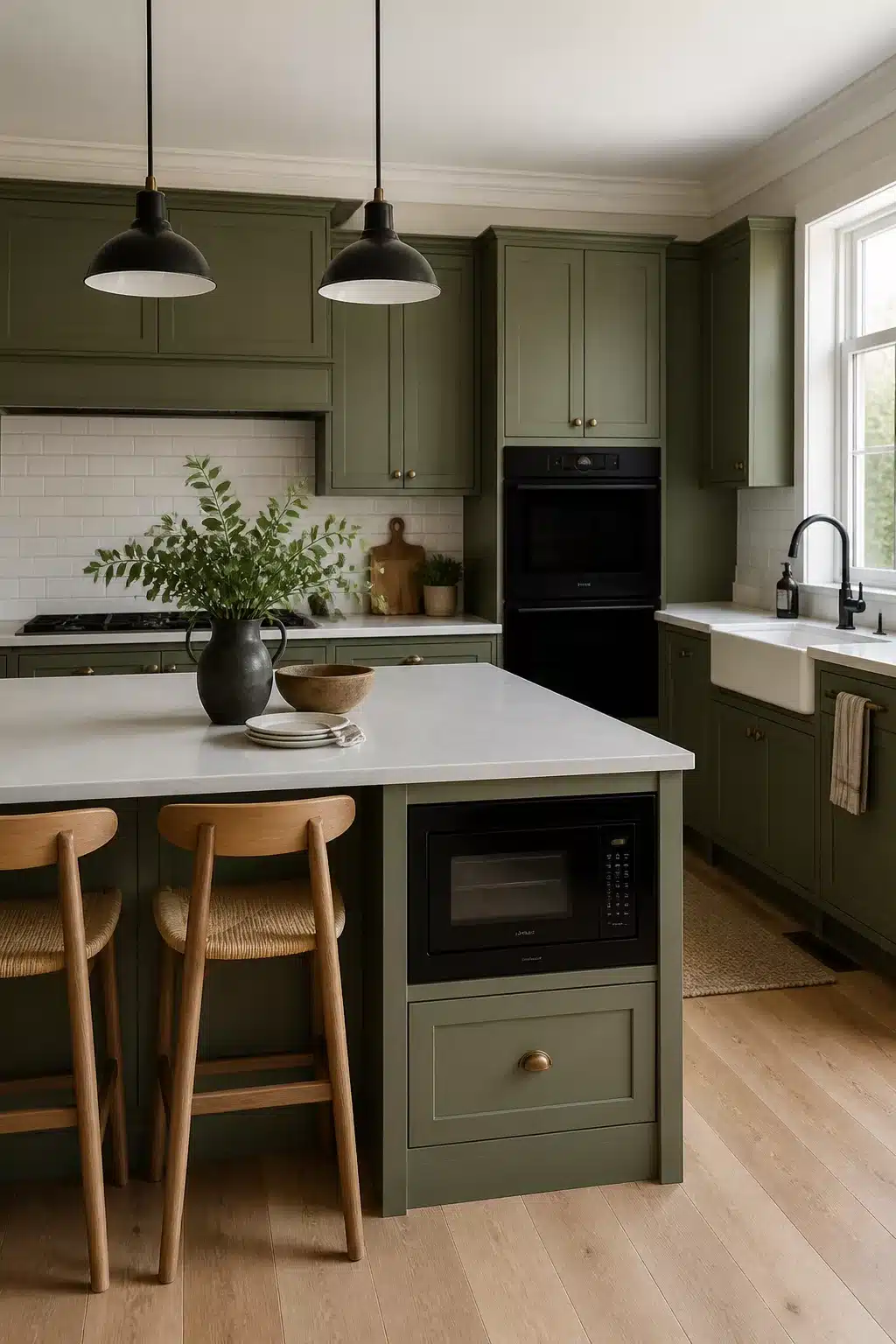 Muted sage green kitchen with black appliances including double wall oven and island microwave, white subway tile backsplash