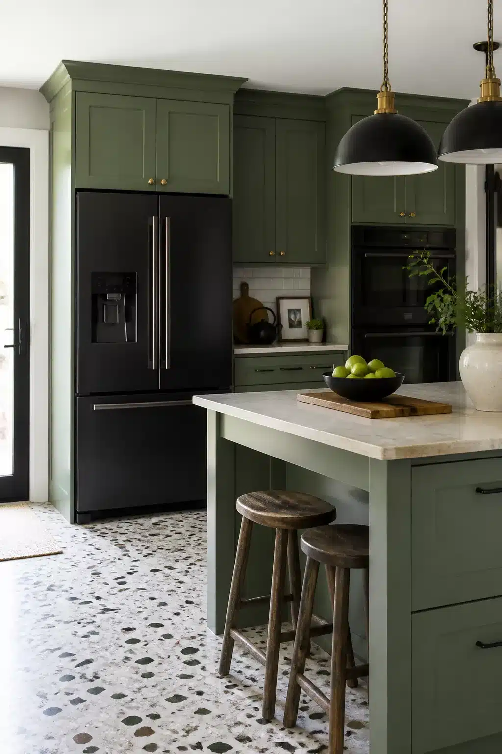 Deep green kitchen with black appliances, terrazzo floors, olive cabinets, brass hardware, and stone island countertop