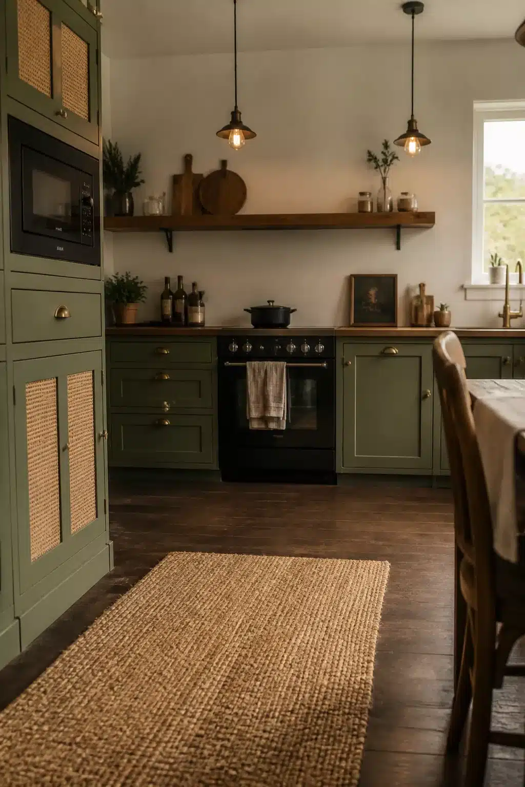 Olive green kitchen with black appliances, rattan cabinet panels, brass hardware, and jute rug on dark wood floors.