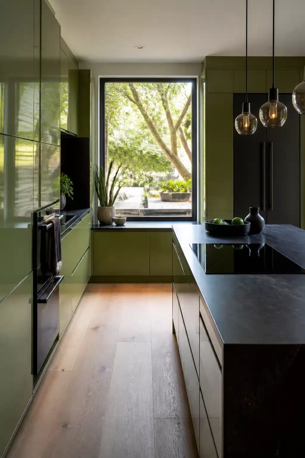 Jade green high-gloss kitchen with black appliances, dark stone countertops, and oak wood floors