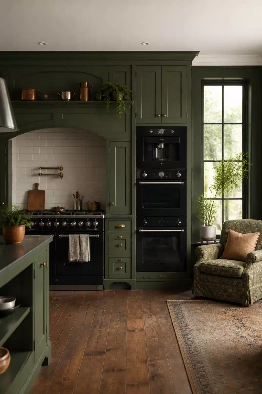 Fern green kitchen with black range and double wall oven, arched alcove detail, copper accents, and hardwood floors