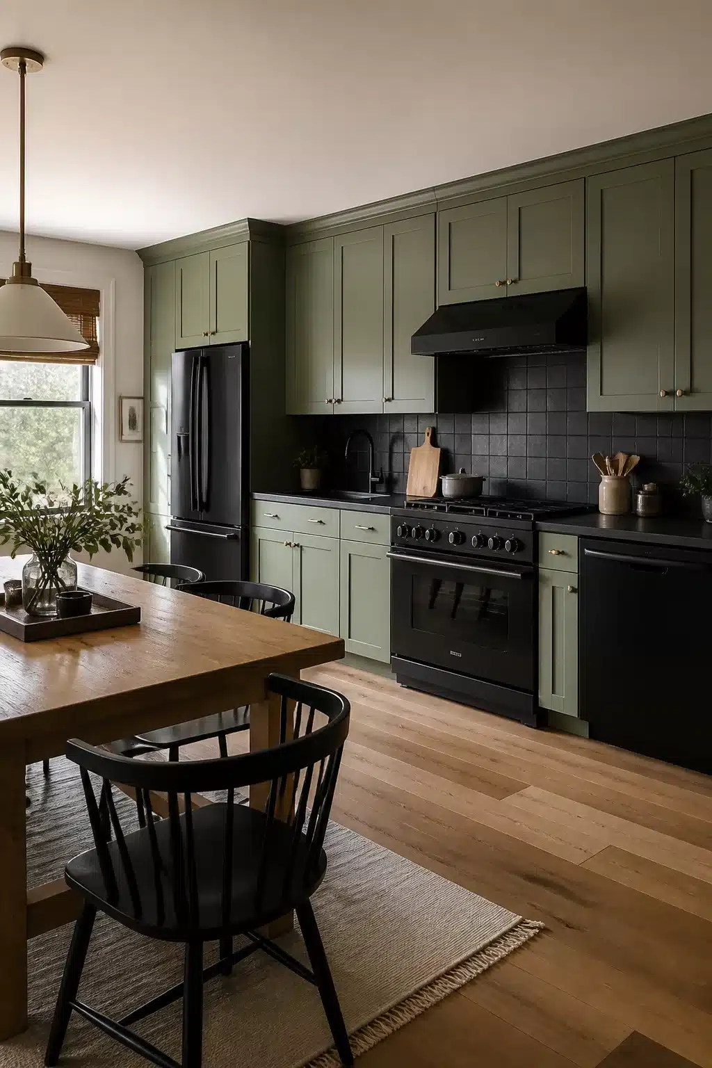 Sage green kitchen with black appliances, matte black subway tile backsplash, and warm wood floors