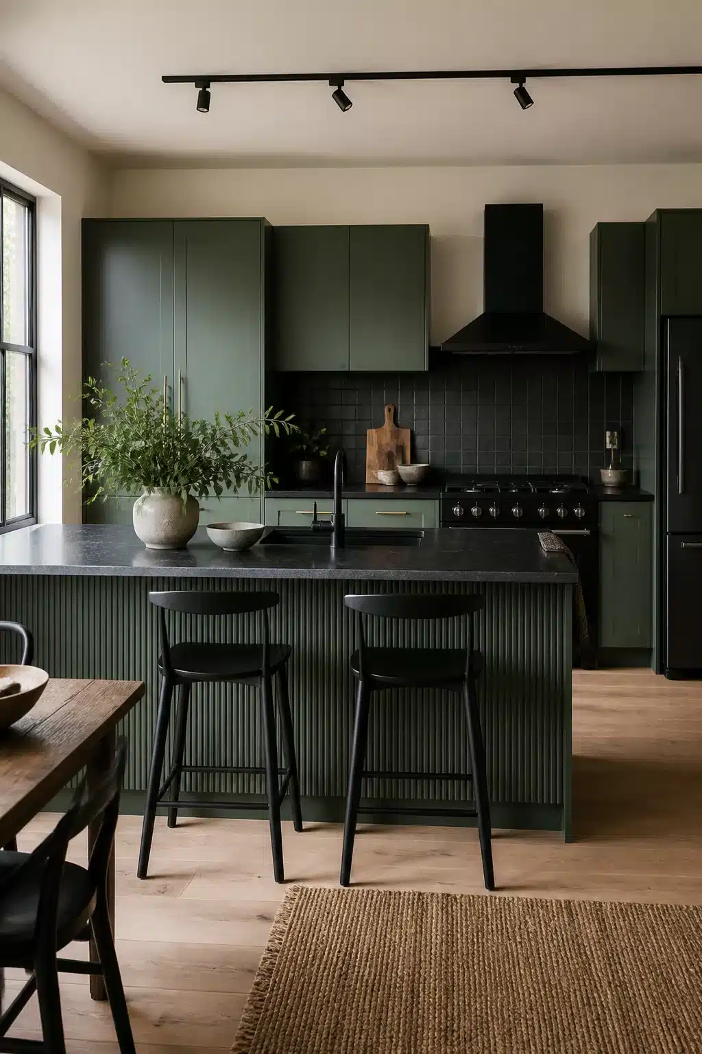 Dark green kitchen with black appliances, fluted island front, black stone countertop, and black range hood
