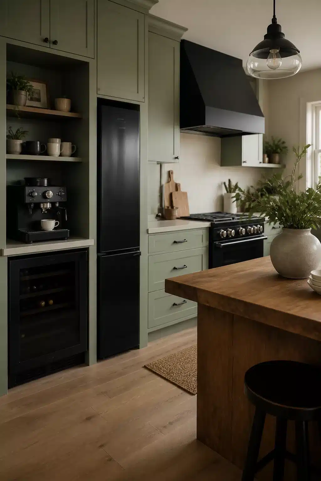 Sage green kitchen with black appliances featuring a built-in coffee bar nook, black range, and butcher block island