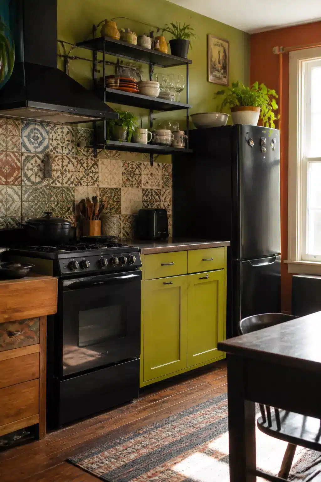 Chartreuse green kitchen with black appliances, patchwork encaustic tile backsplash, and black open shelving