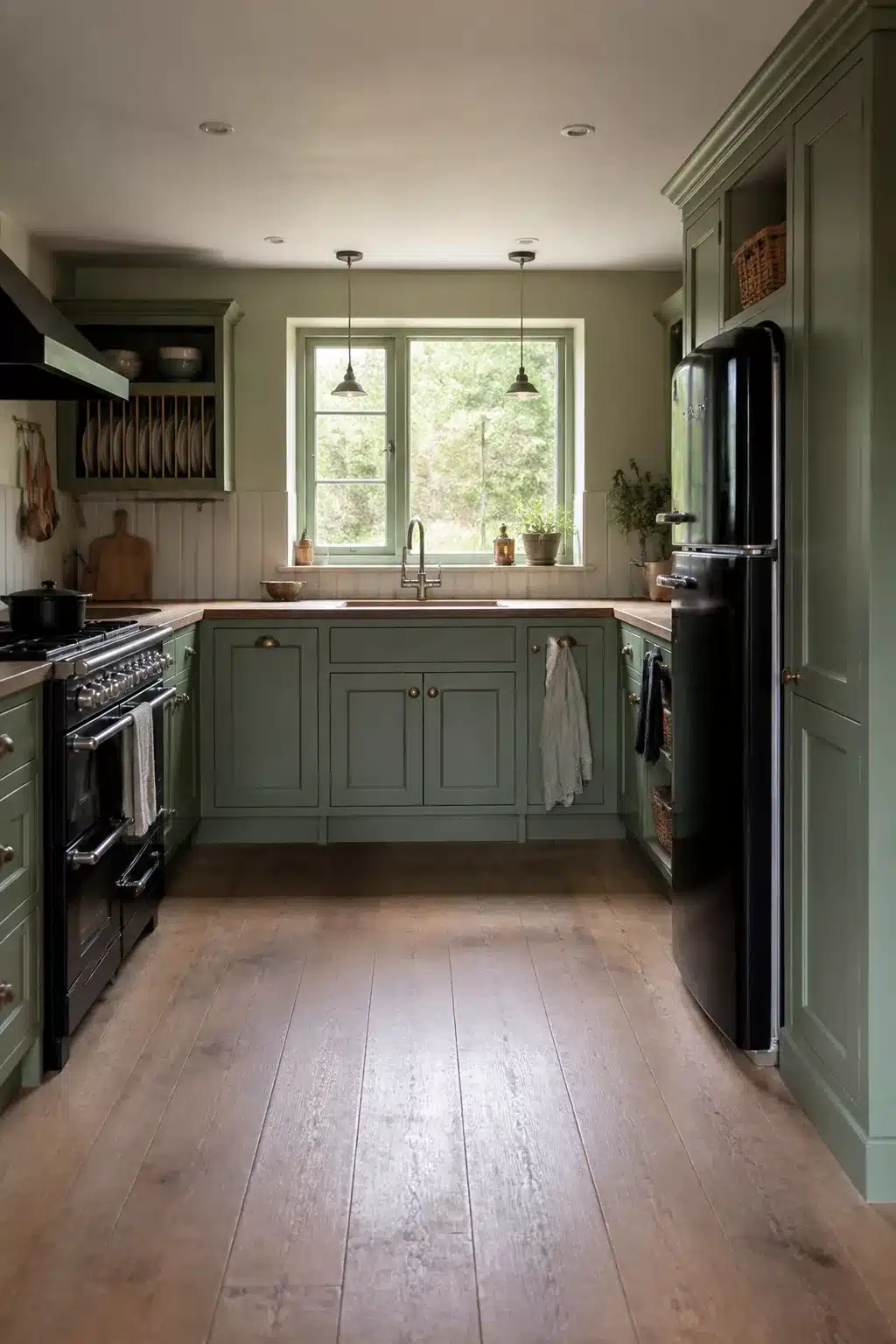 Sage green kitchen with black appliances, wide-plank wood floors, plate rack, and black pendants over farmhouse sink