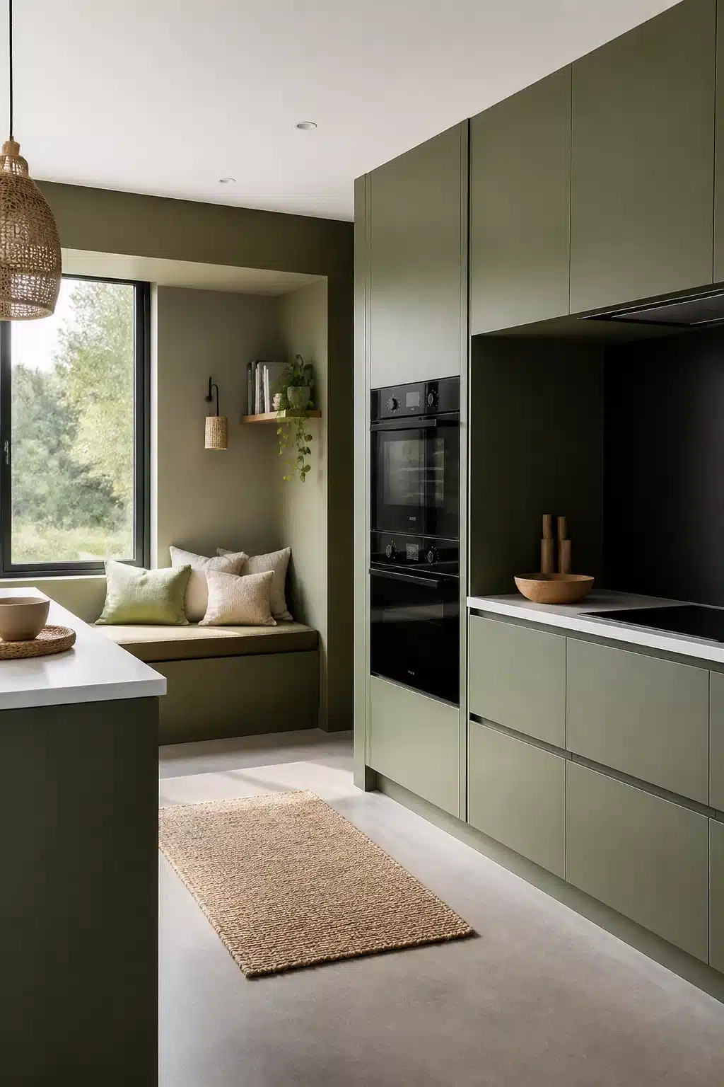 Olive green gloss kitchen with black built-in ovens and induction cooktop, window seat nook, and jute runner