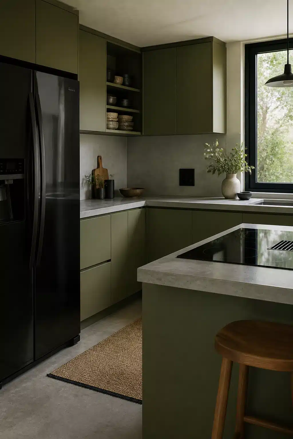 Olive green flat-front kitchen with black refrigerator and induction cooktop, concrete countertops and jute runner