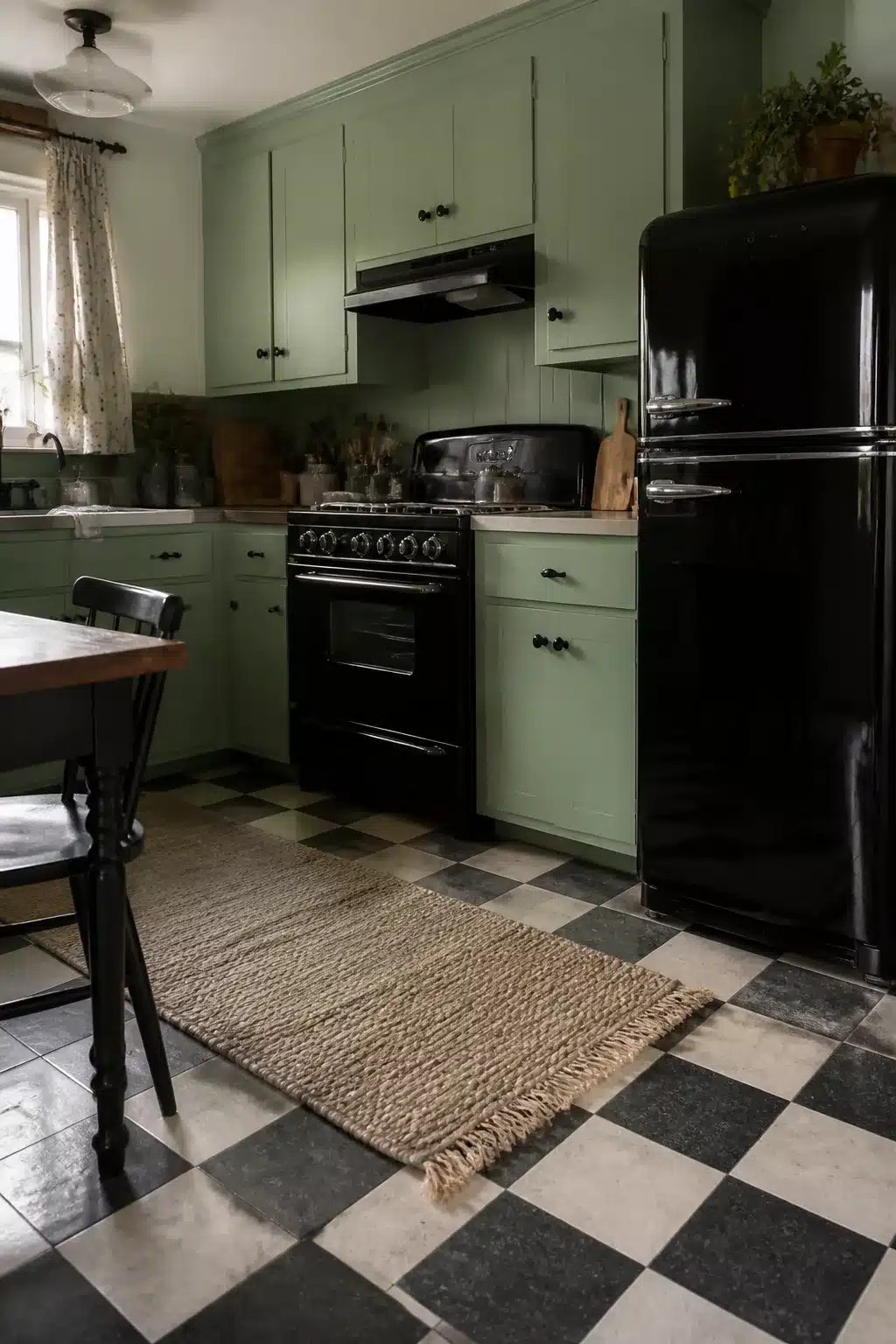 Sage green kitchen with black retro refrigerator and range, checkerboard floor, and jute rug
