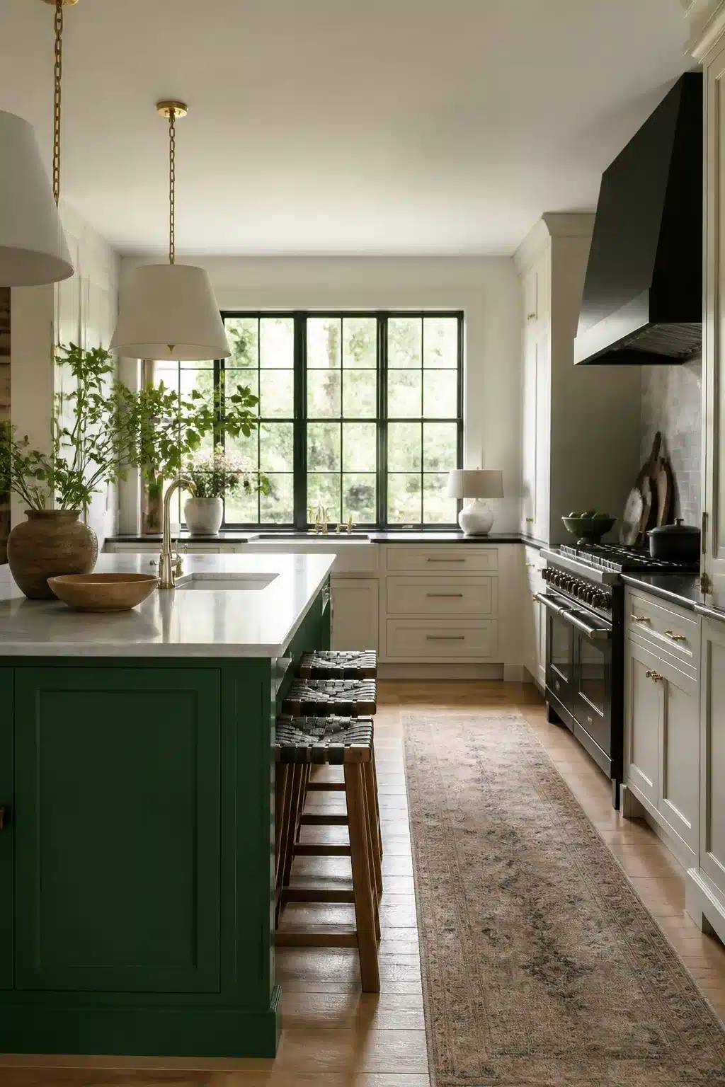 Emerald green kitchen island with cream cabinets, black range, and black range hood — green kitchen with black appliances