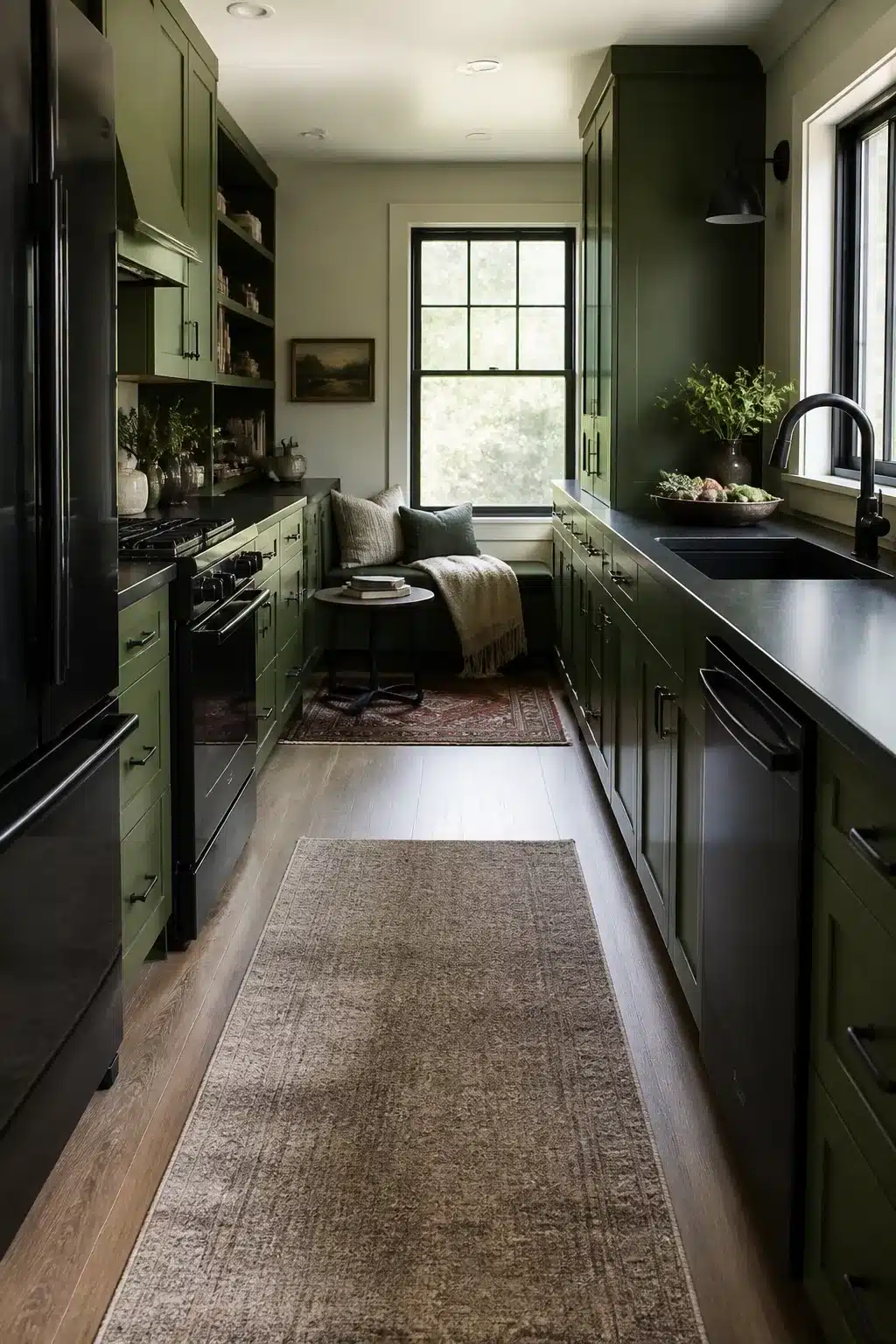 Bottle green galley kitchen with black stone countertops and black appliances — green kitchen with black appliances idea
