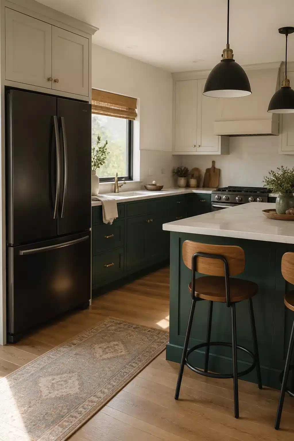 Hunter green two-tone kitchen with black French door refrigerator, cream upper cabinets, and oak floors