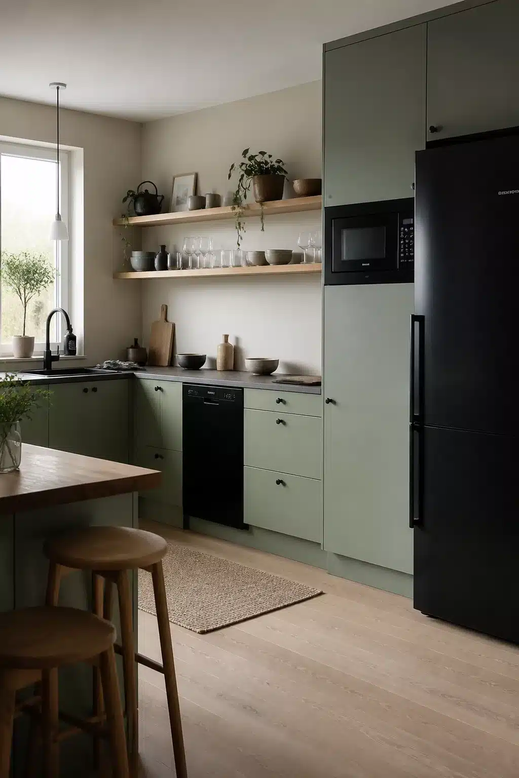Pale green kitchen with black appliances including full-height fridge, oak shelves, and jute rug in Scandi style