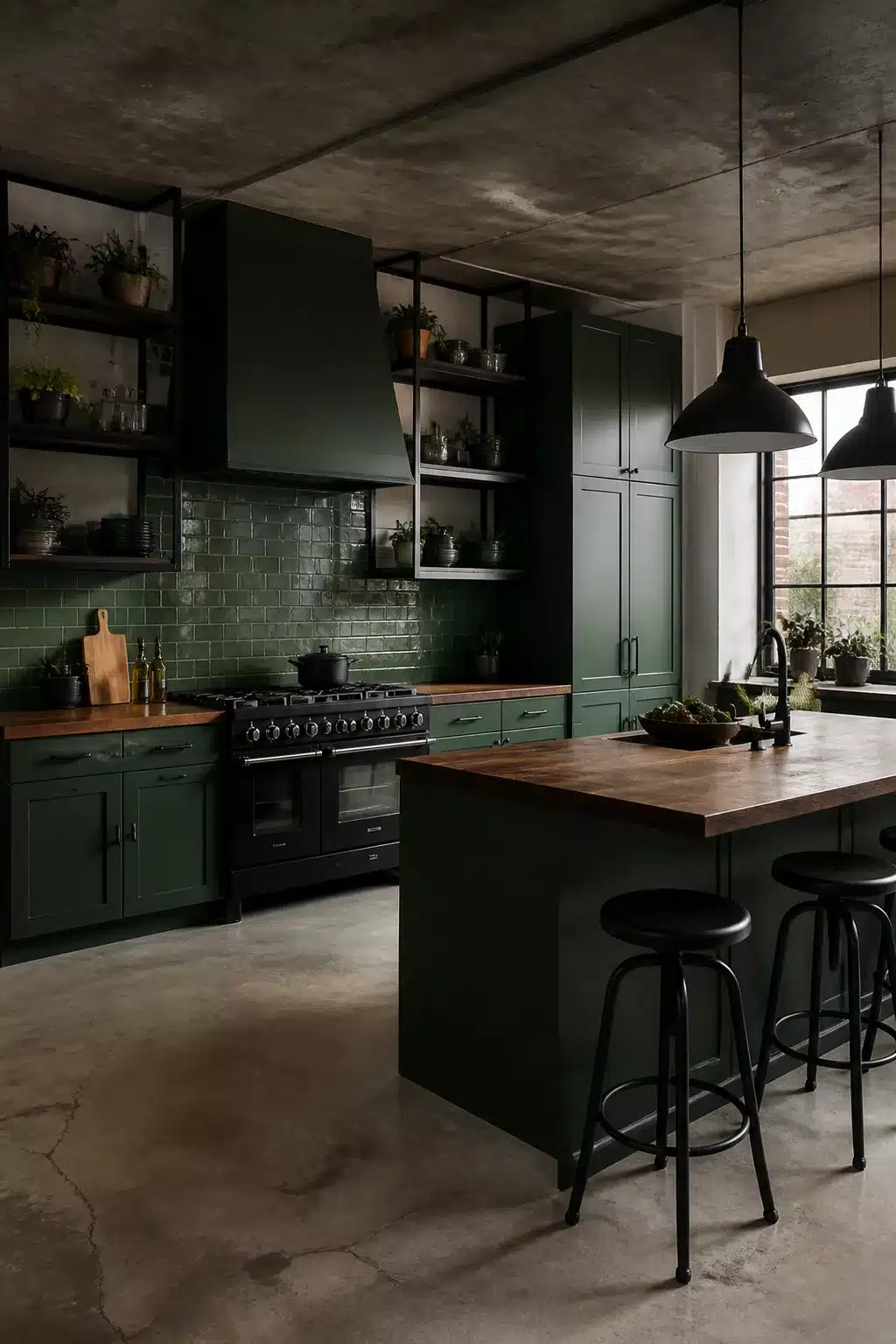 Dark teal green kitchen with black appliances, concrete ceiling, walnut countertops, and industrial pendant lights
