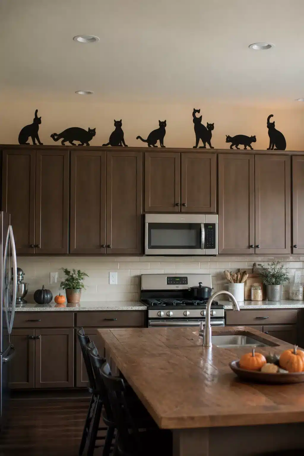 Black cat silhouette Halloween decor above kitchen cabinets with dark wood cabinetry and mini pumpkins on island