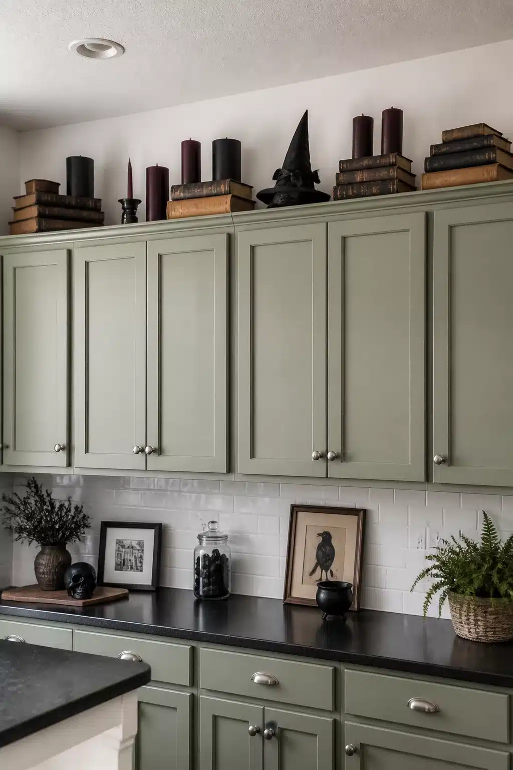 Halloween decor above kitchen cabinets with stacked spellbooks, dark candles & a witch hat on sage green cabinets