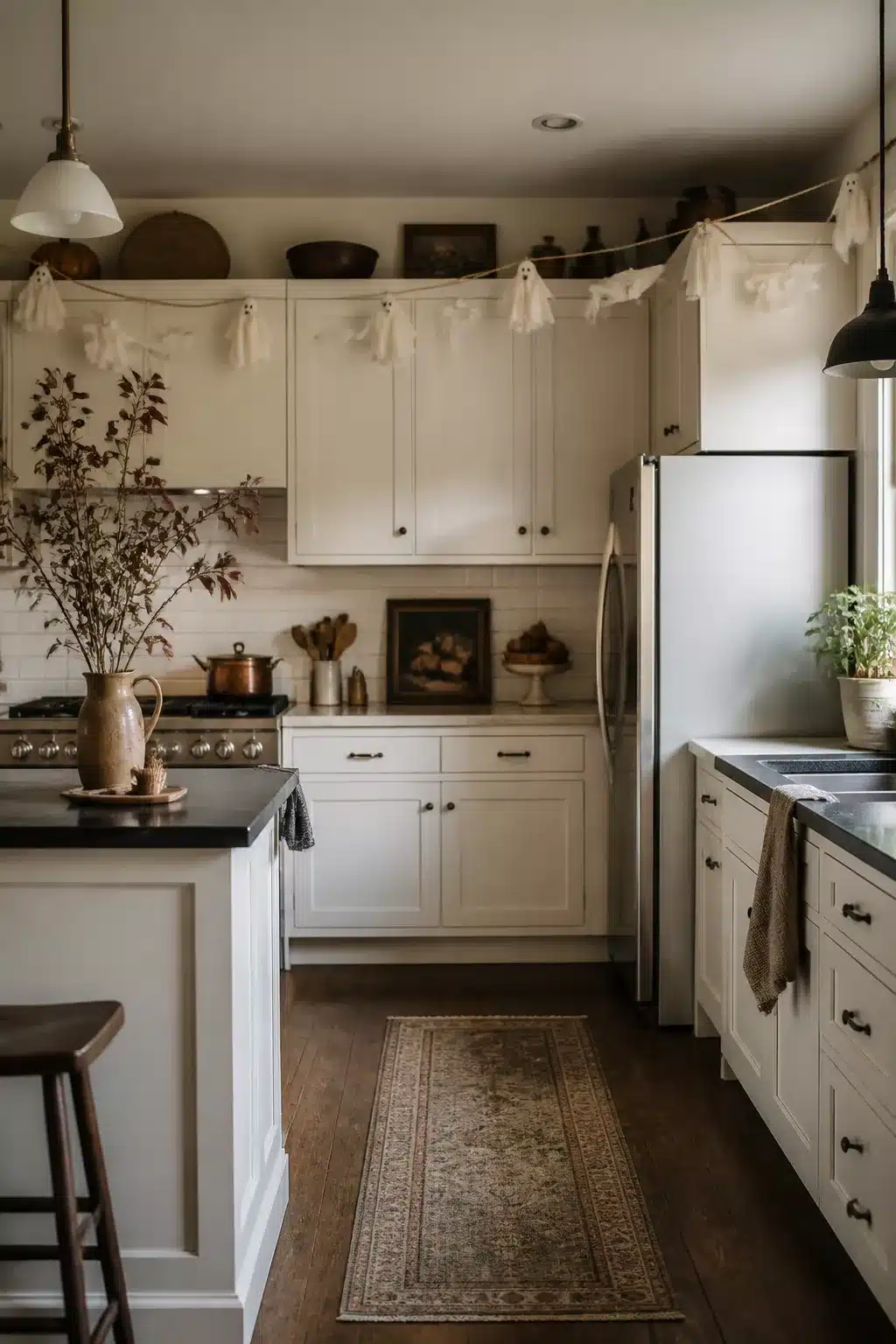 White fabric ghost garland Halloween decor above kitchen cabinets with cream shaker cabinets and dark countertops