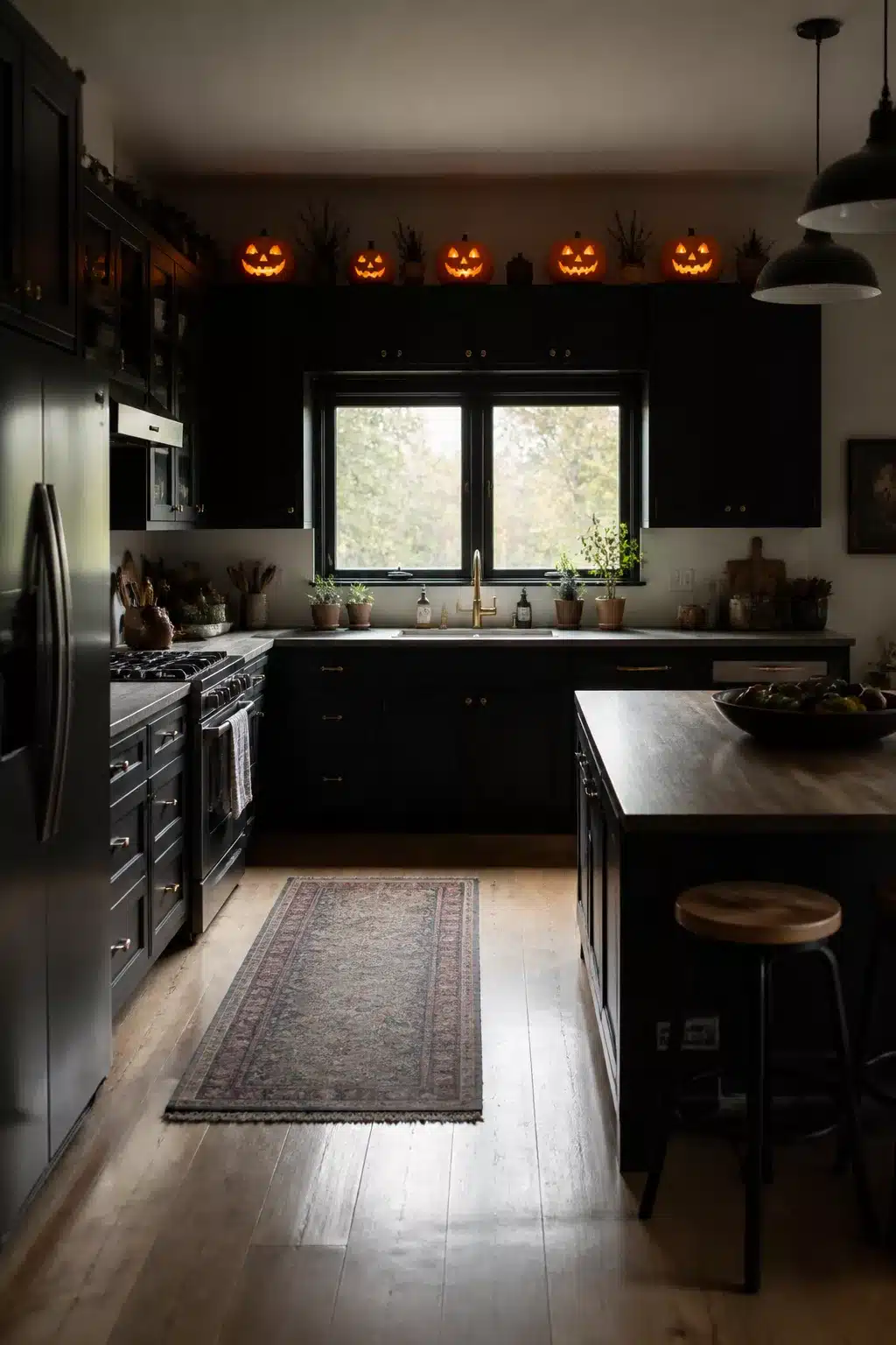 Glowing carved jack-o'-lanterns lined up as Halloween decor above black kitchen cabinets with warm ambient light
