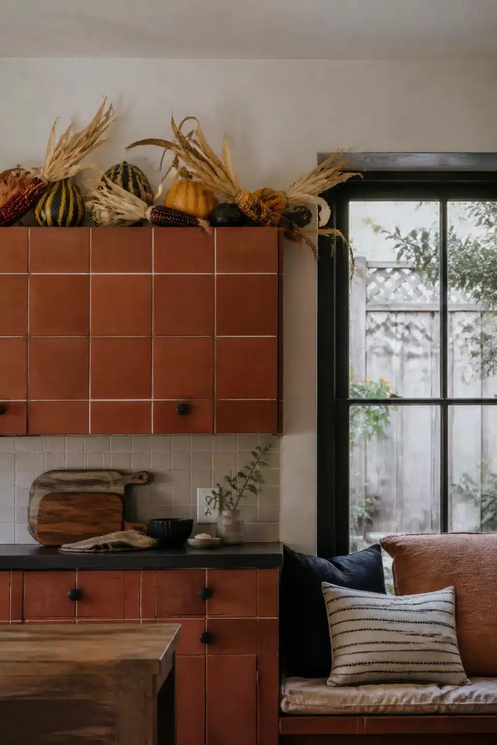 Halloween decor above kitchen cabinets — dried corn husks and gourds on terracotta tile cabinets