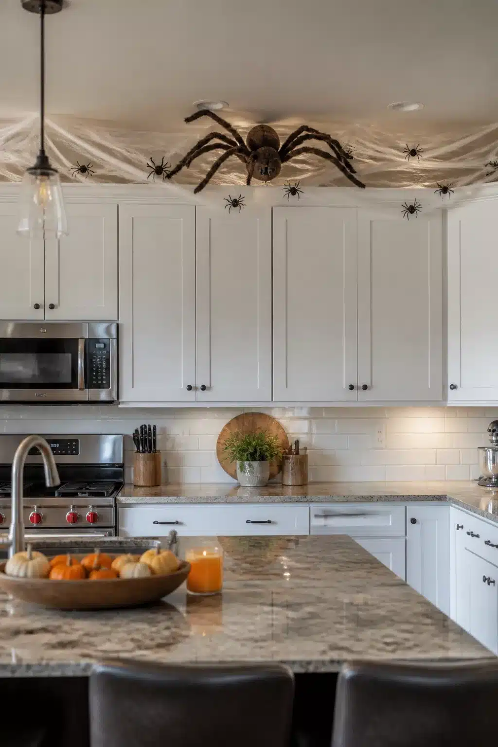 Oversized spider Halloween decor above white kitchen cabinets with stretched faux webbing and mini pumpkins on island