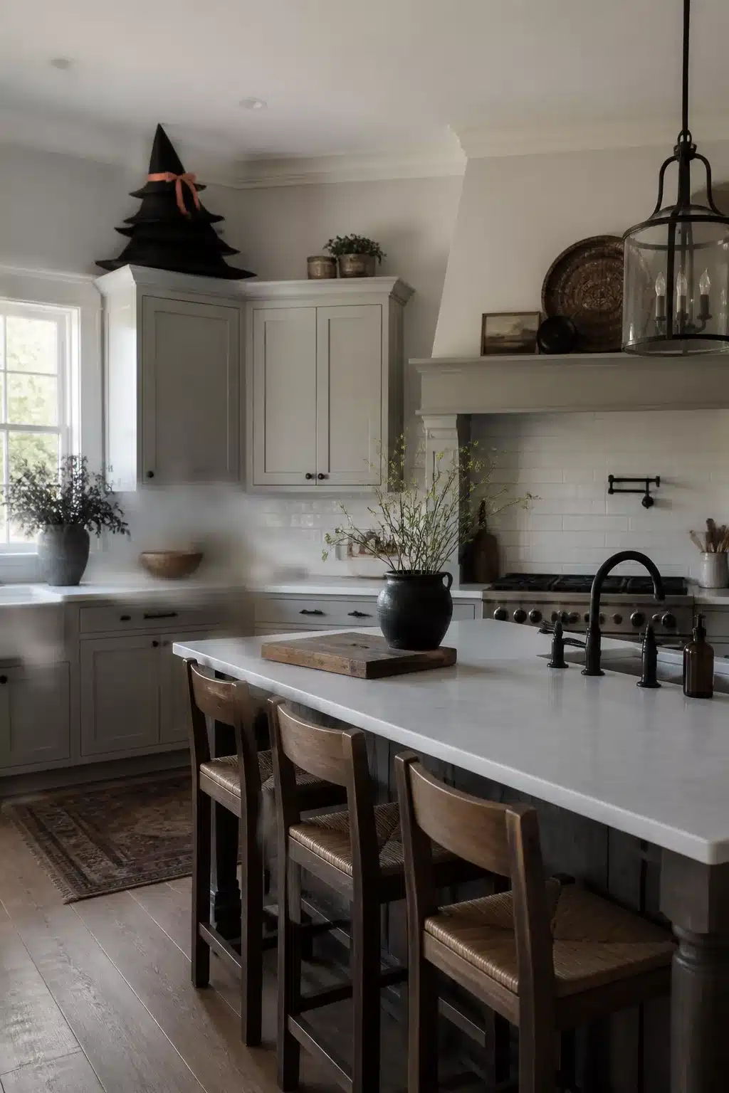 Black felt witch hat tower above kitchen cabinets — Halloween decor above kitchen cabinets in a gray farmhouse kitchen
