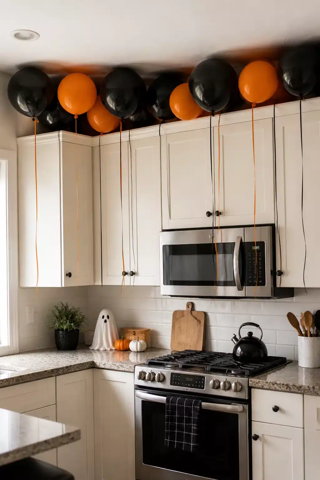 Orange and black balloon cluster as Halloween decor above kitchen cabinets with white shaker doors
