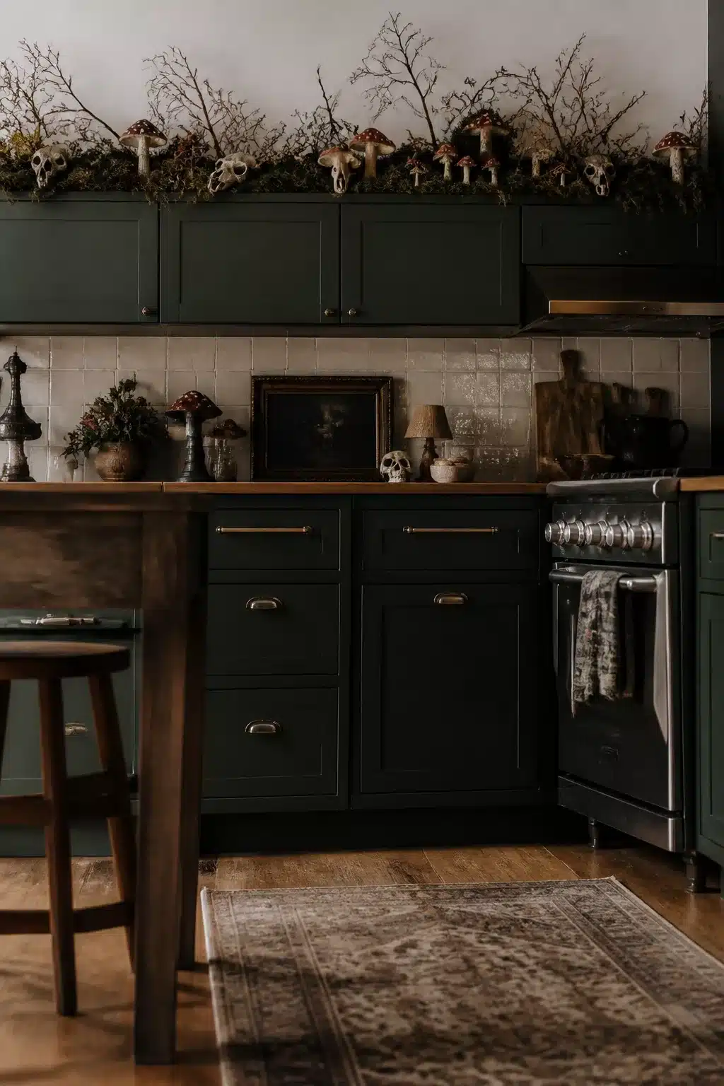 Halloween decor above kitchen cabinets — moss trough with fly agaric mushrooms, skulls & branches on dark green cabinets