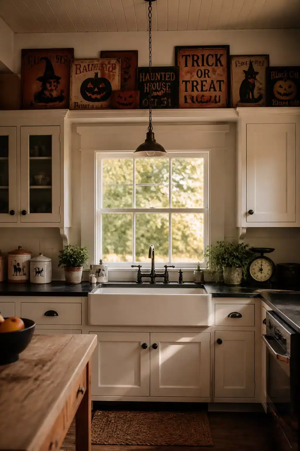 Vintage Halloween tin signs displayed as Halloween decor above kitchen cabinets in a farmhouse kitchen