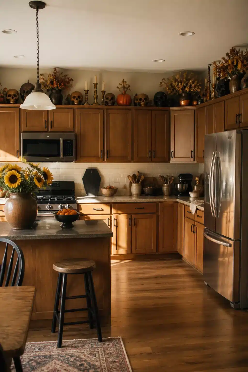 Halloween decor above kitchen cabinets featuring ceramic skulls, fall botanicals, and sunflowers on warm wood cabinets.