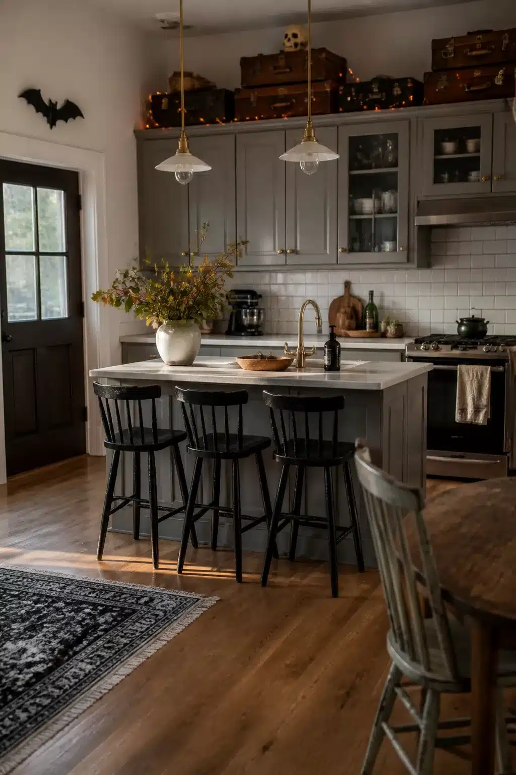 Halloween decor above kitchen cabinets — stacked vintage leather suitcases and skull in a gray kitchen