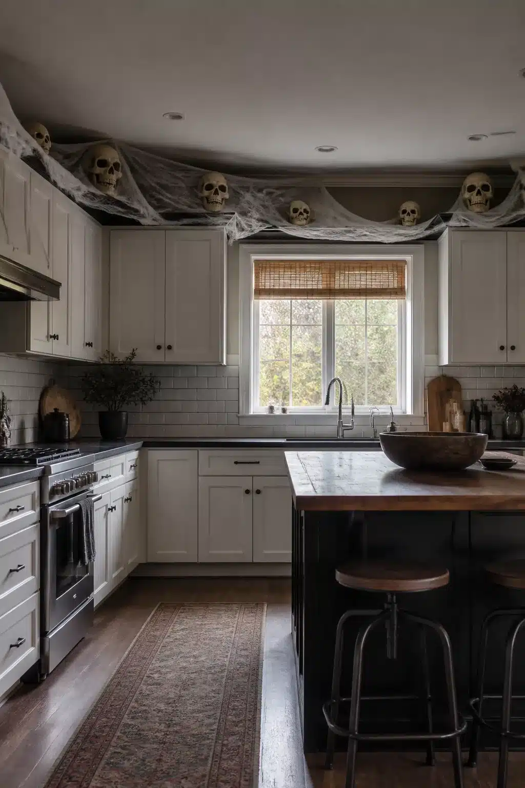 Faux cobwebs and skull row Halloween decor above white kitchen cabinets with dark island