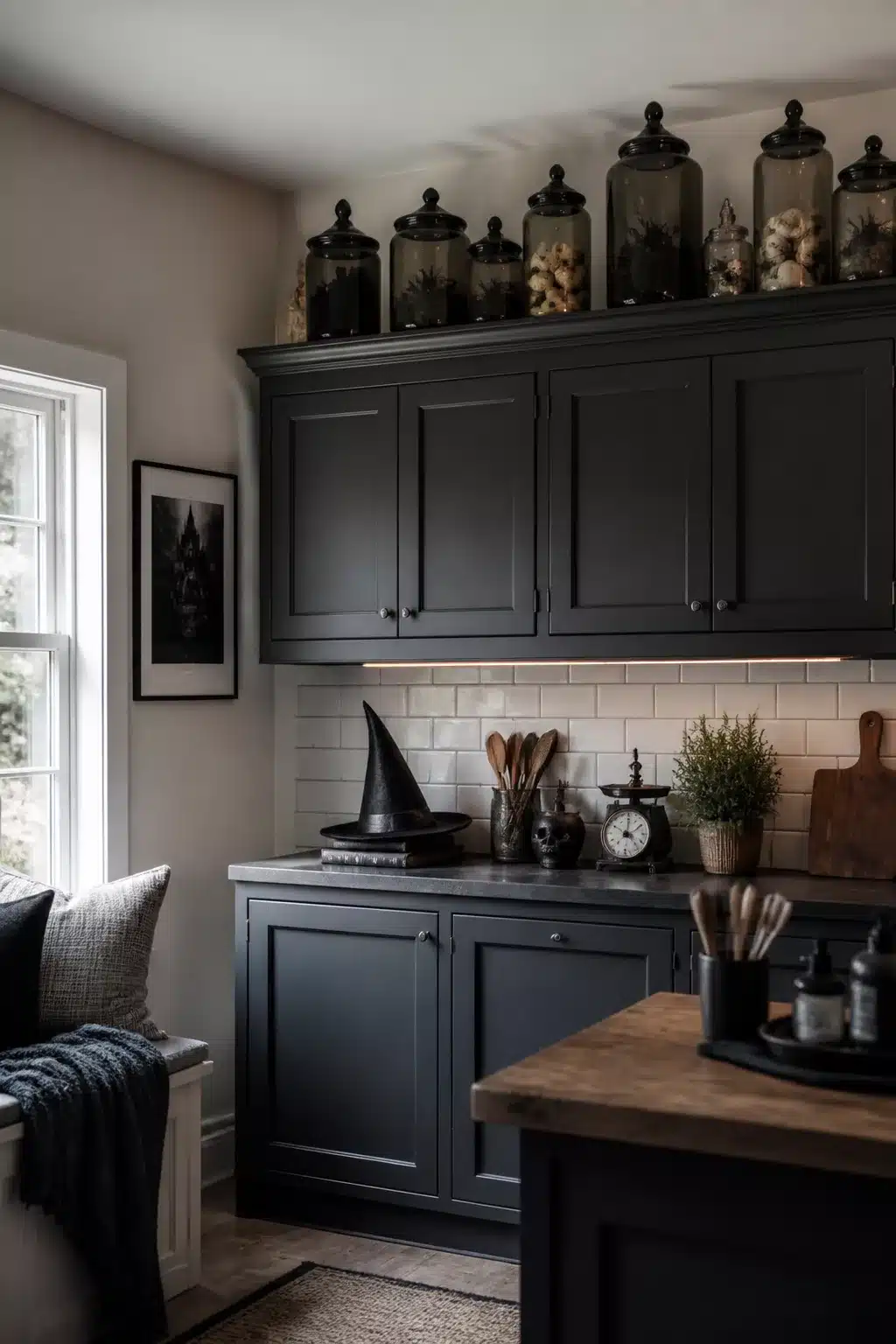 Halloween decor above kitchen cabinets — smoked glass apothecary jars on dark charcoal cabinets with witch hat