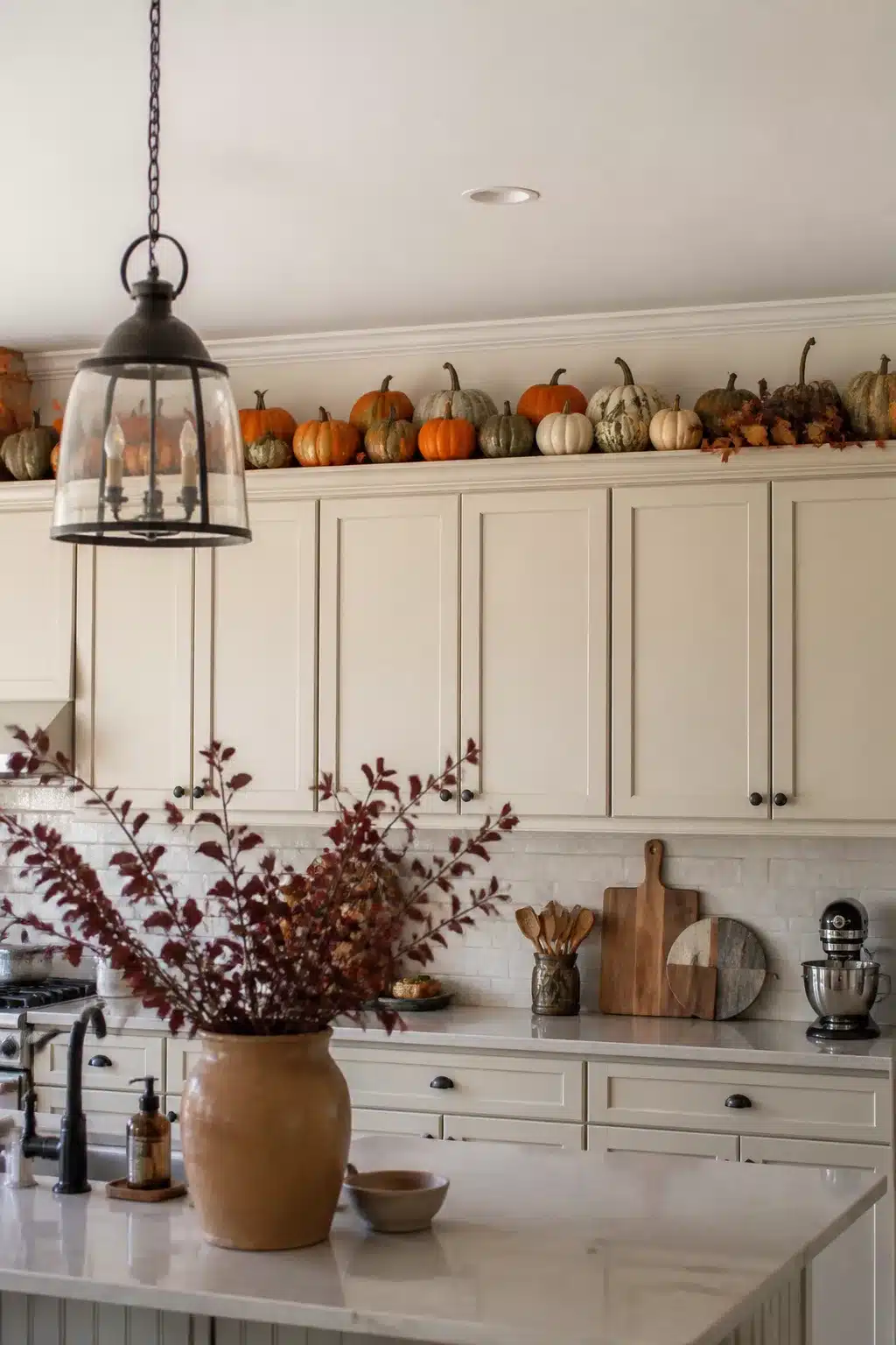 Halloween decor above kitchen cabinets — a row of mixed heirloom miniature pumpkins on cream shaker cabinets