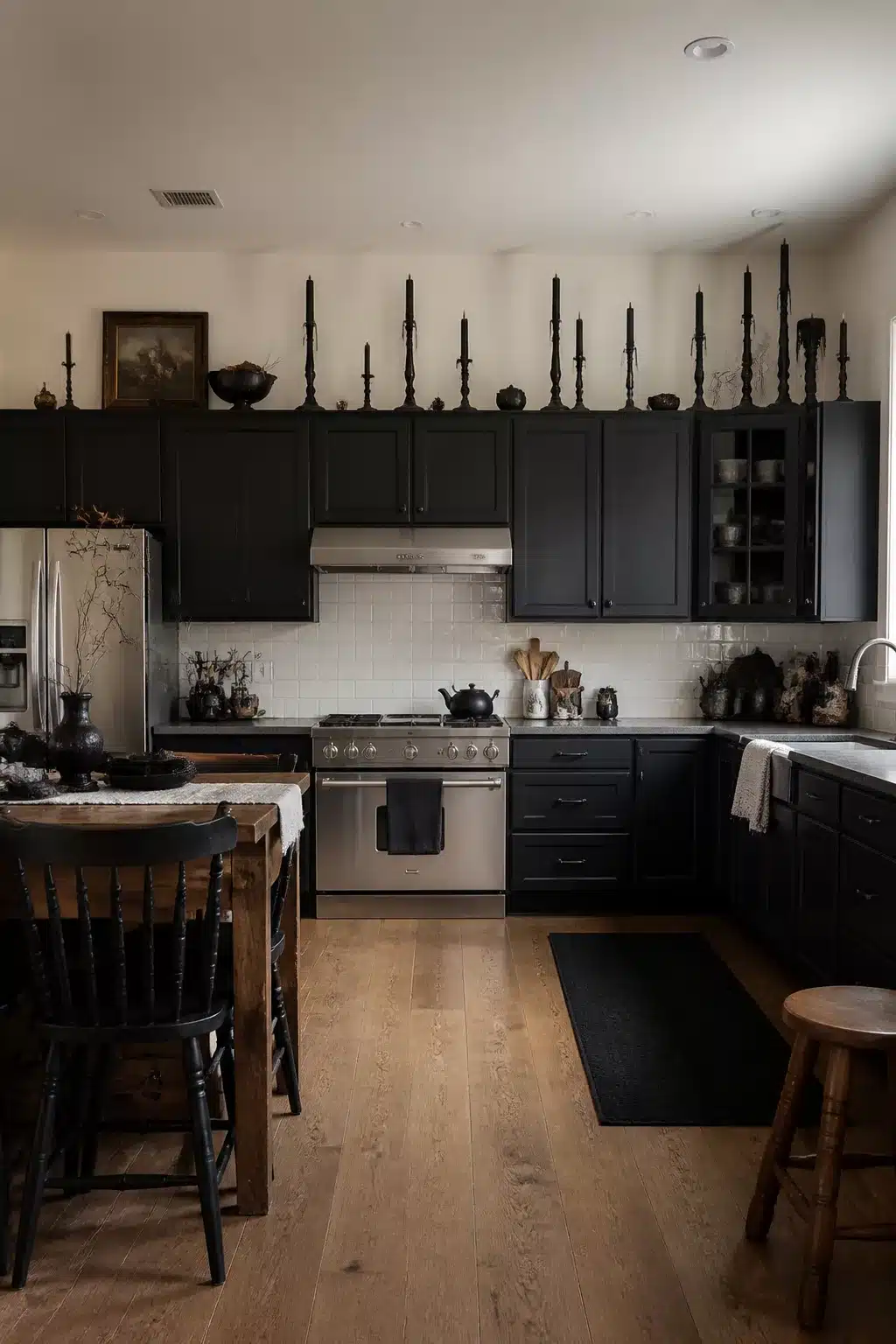 Tall black gothic candlesticks as Halloween decor above kitchen cabinets with white subway tile backdrop