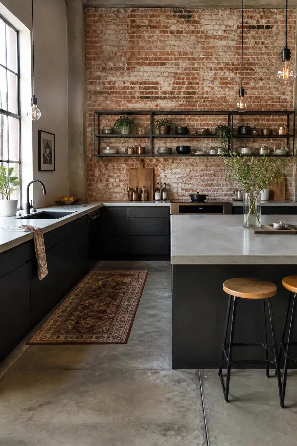 Industrial chic kitchen with exposed brick wall, black cabinetry, concrete counters, and Edison pendant lights