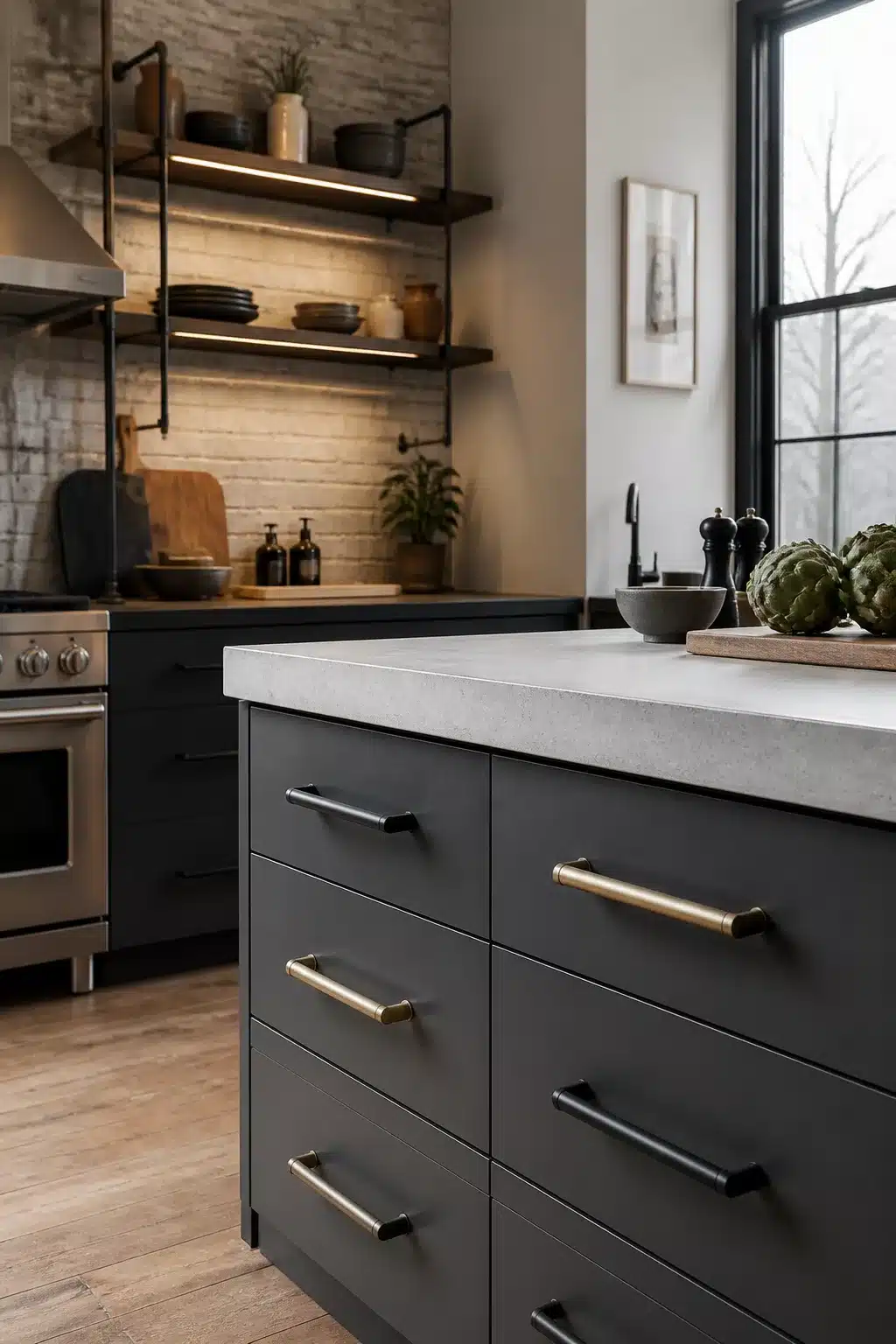 Brass and matte black mixed cabinet pulls on charcoal drawers in an industrial chic kitchen with concrete countertop