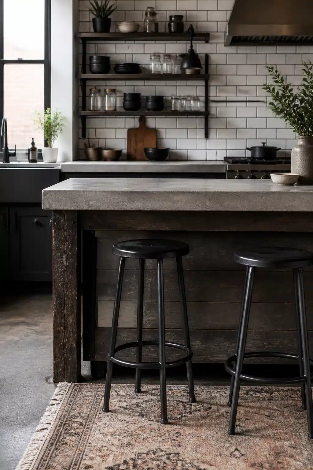 Industrial chic kitchen with white subway tile, dark grout backsplash, concrete island, and black metal stools