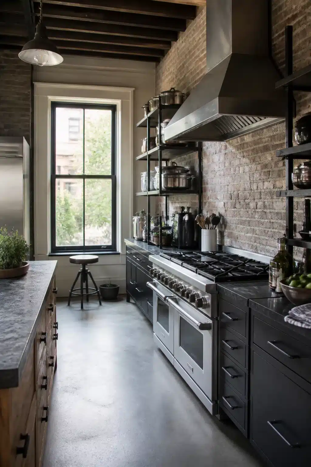 Industrial chic kitchen with pro-grade stainless range, exposed brick backsplash, and dark charcoal cabinets in a galley layout.