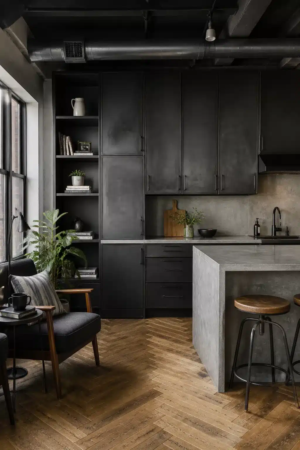 Blackened steel cabinetry and concrete island in an industrial chic kitchen with herringbone wood floors