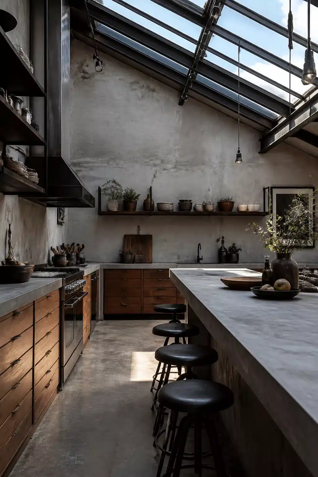 Industrial chic kitchen with glass skylight roof, concrete counters, and warm wood cabinet drawers