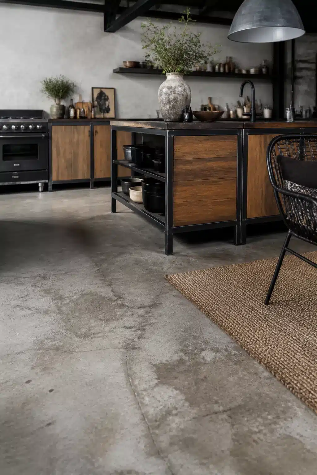 Industrial chic kitchen with raw steel-framed island, reclaimed wood cabinets, and polished concrete floors