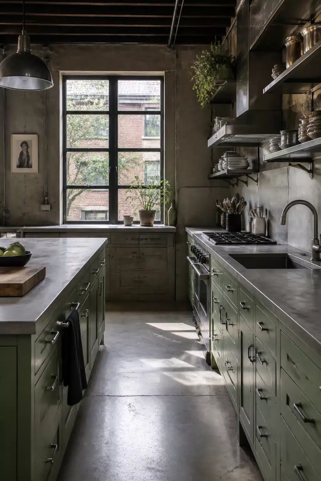 Sage green cabinets with zinc countertops and open steel shelving in an industrial chic kitchen with concrete floors