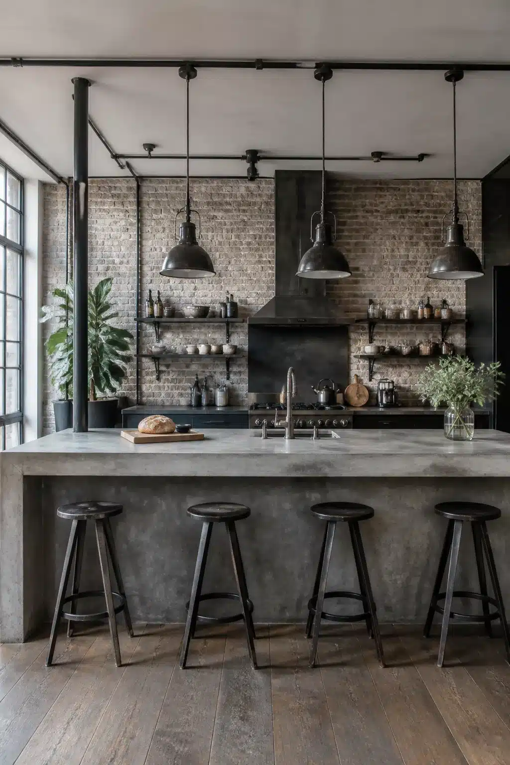 Industrial chic kitchen with poured concrete island, metal bar stools, exposed brick wall and factory pendant lights