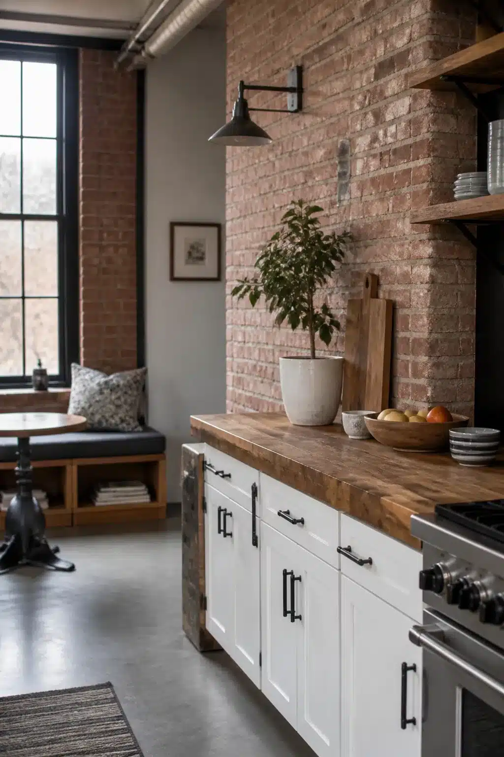 Industrial chic kitchen with white shaker cabinets, thick butcher block countertop, exposed brick wall, and black hardware.