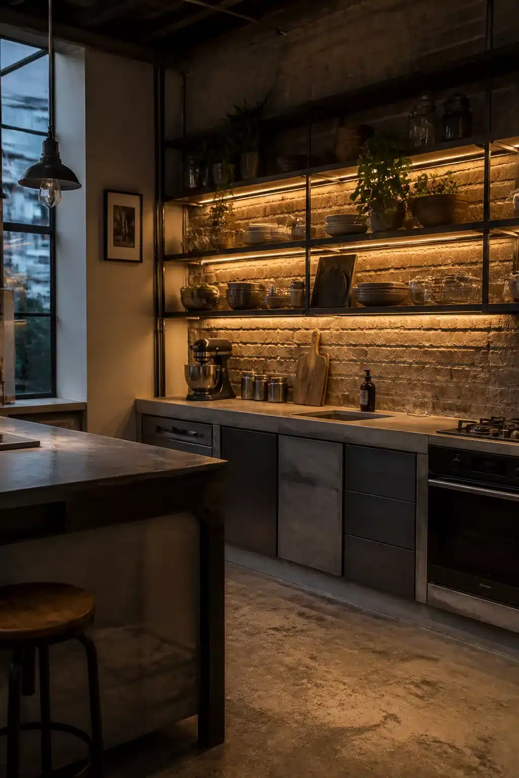Industrial chic kitchen with warm LED under-shelf lighting, exposed brick backsplash and concrete countertops