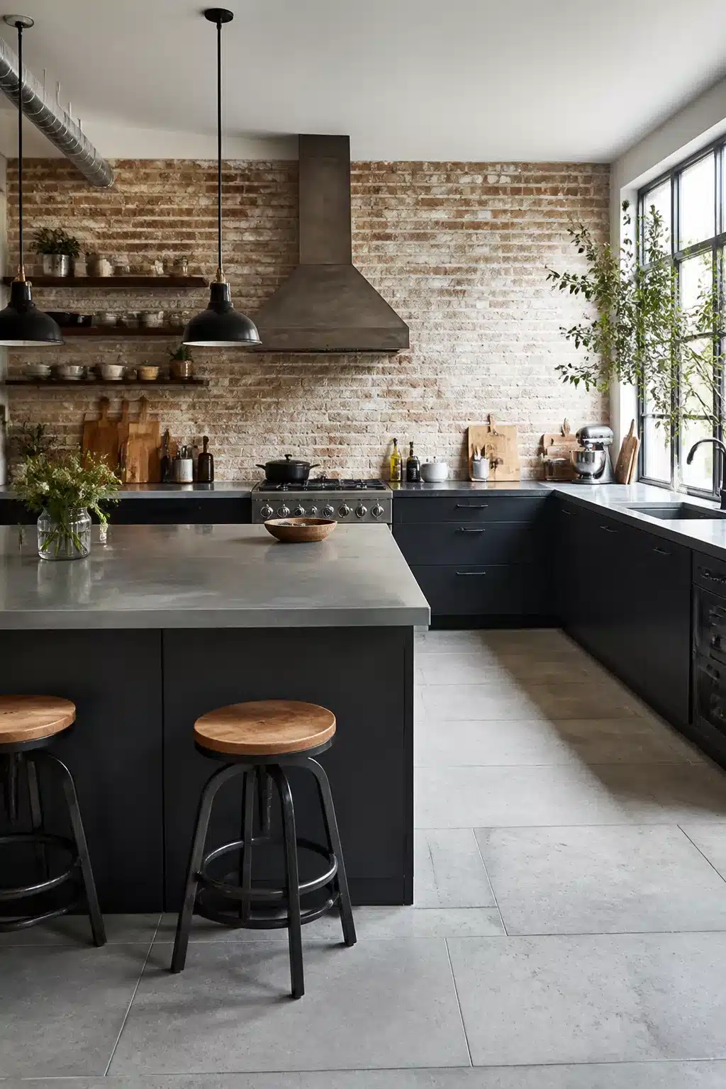 Industrial chic kitchen with exposed brick wall, matte black cabinets, concrete island, and black pendant lights