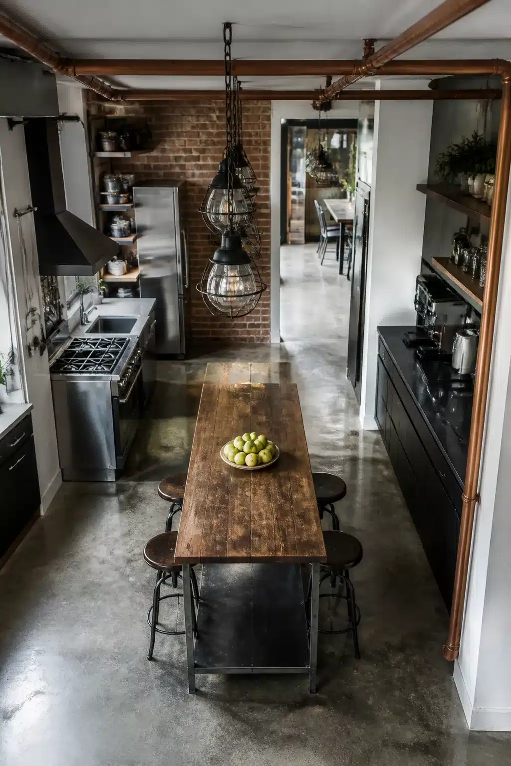 Narrow galley industrial chic kitchen with copper ceiling pipes, reclaimed wood island, and polished concrete floor.